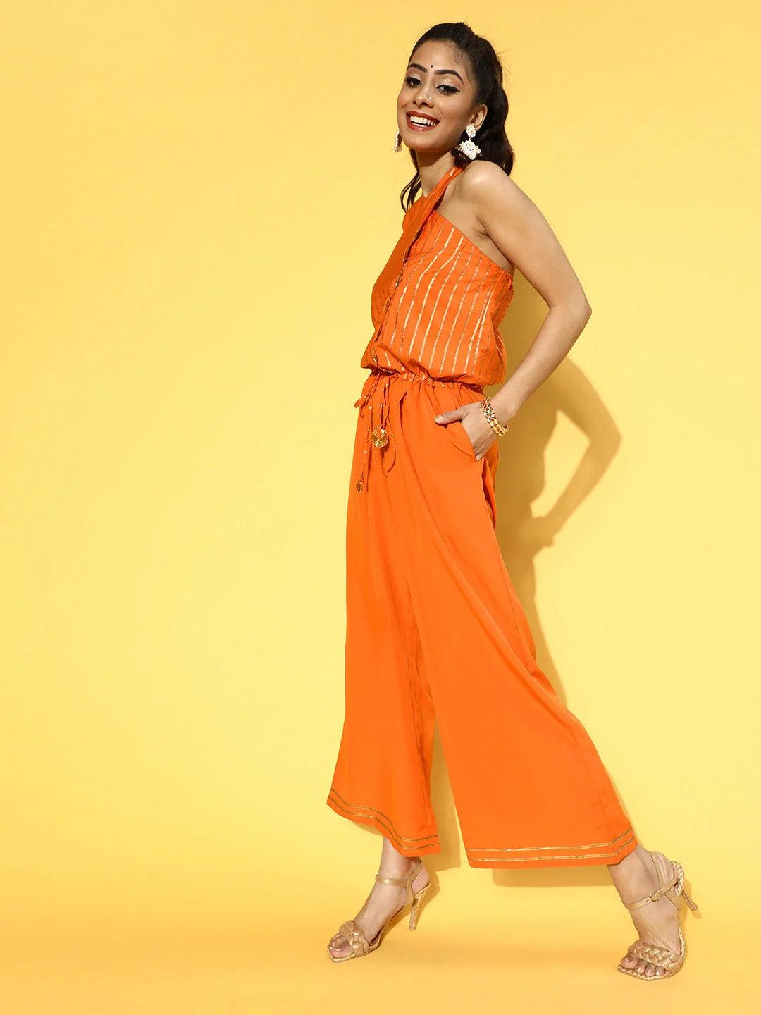 Orange & Gold Print Jumpsuit | Trendy Women's Jumpsuits