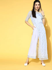 Blue Crepe & Net Silver Glitter Print Jumpsuit-AHJSNTGL-922-FF