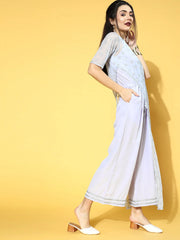 Blue Crepe & Net Silver Glitter Print Jumpsuit-AHJSNTGL-922-FF