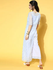 Blue Crepe & Net Silver Glitter Print Jumpsuit-AHJSNTGL-922-FF