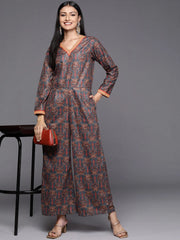 Grey & Brown Velvet Printed Jumpsuit with Pocket-AHJSVLDP-1045