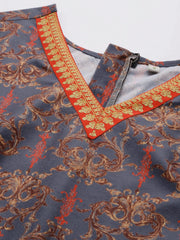 Grey & Brown Velvet Printed Jumpsuit with Pocket-AHJSVLDP-1045