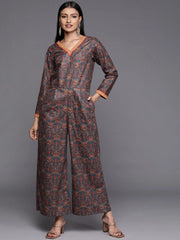 Grey & Brown Velvet Printed Jumpsuit with Pocket-AHJSVLDP-1045