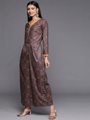 Grey & Brown Velvet Printed Jumpsuit with Pocket-AHJSVLDP-1045