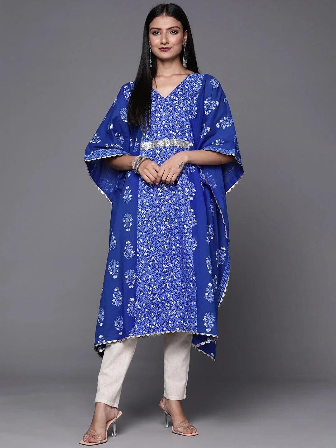 Blue & White Floral Print Pure Cotton Kaftan Kurta-AHKFCOKH-6051-FF