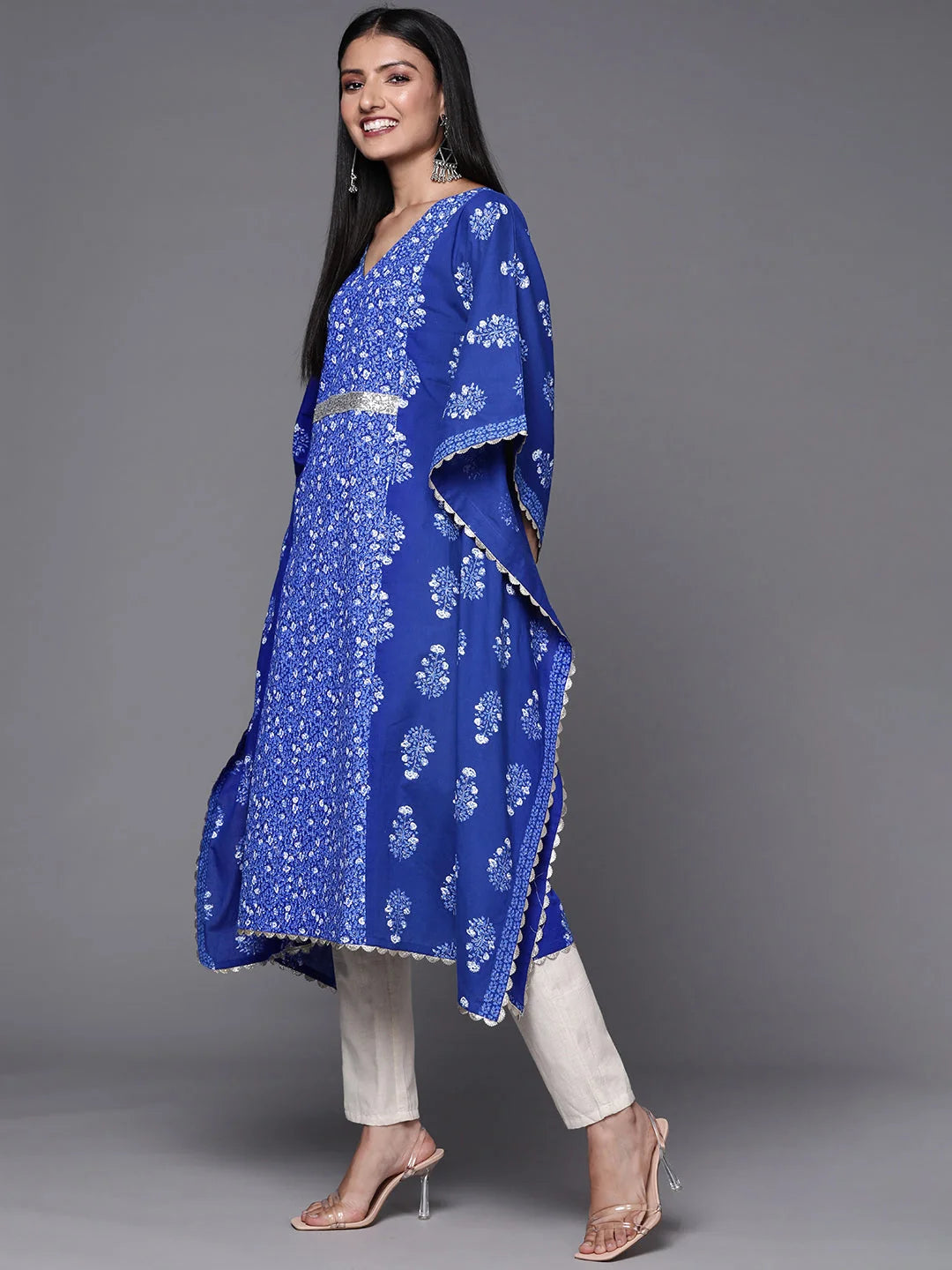 Blue Floral Cotton Kaftan Kurta - Women's Kaftan Dresses