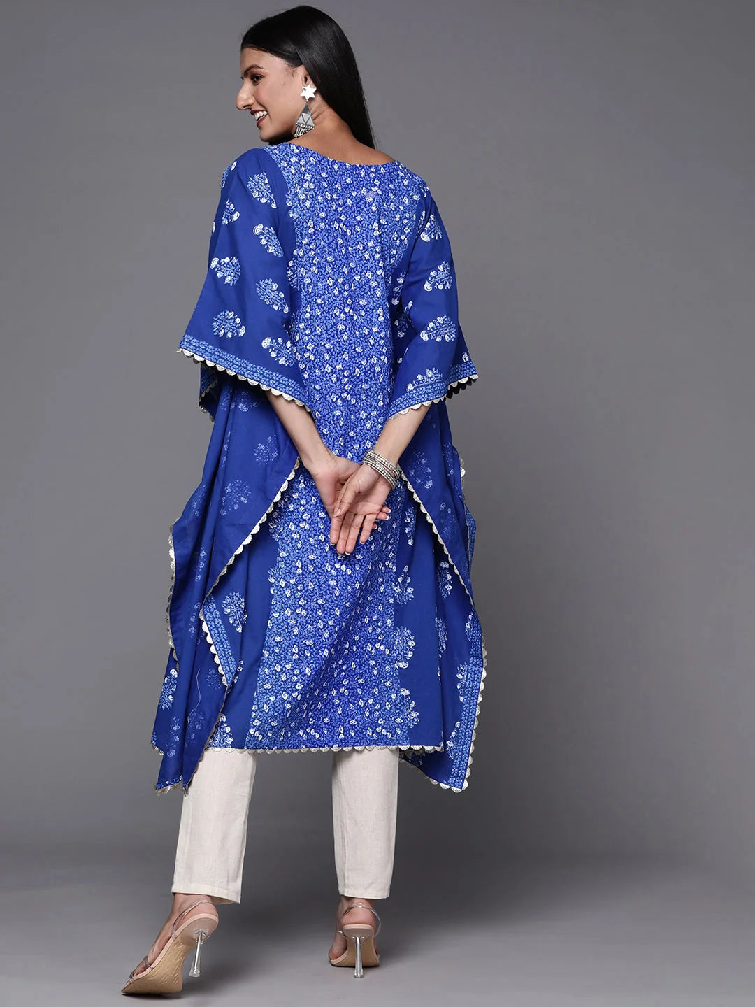 Blue Floral Cotton Kaftan Kurta - Women's Kaftan Dresses