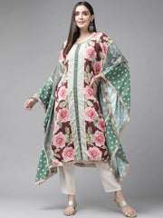 Green & Pink Floral Printed Gotta Patti Floral Kaftan Kurta-AHKFCRDP-6033-FF