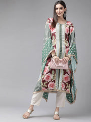 Green & Pink Floral Printed Gotta Patti Floral Kaftan Kurta-AHKFCRDP-6033-FF