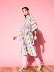 Multi Colour Candy Stripes Kaftan Kurta-AHKFCRDP-6058