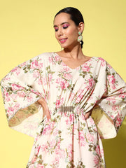 Women Floral Printed Flared Sleeves Gotta Patti Floral Crepe Kaftan Kurta-AHKFCRDP-6062