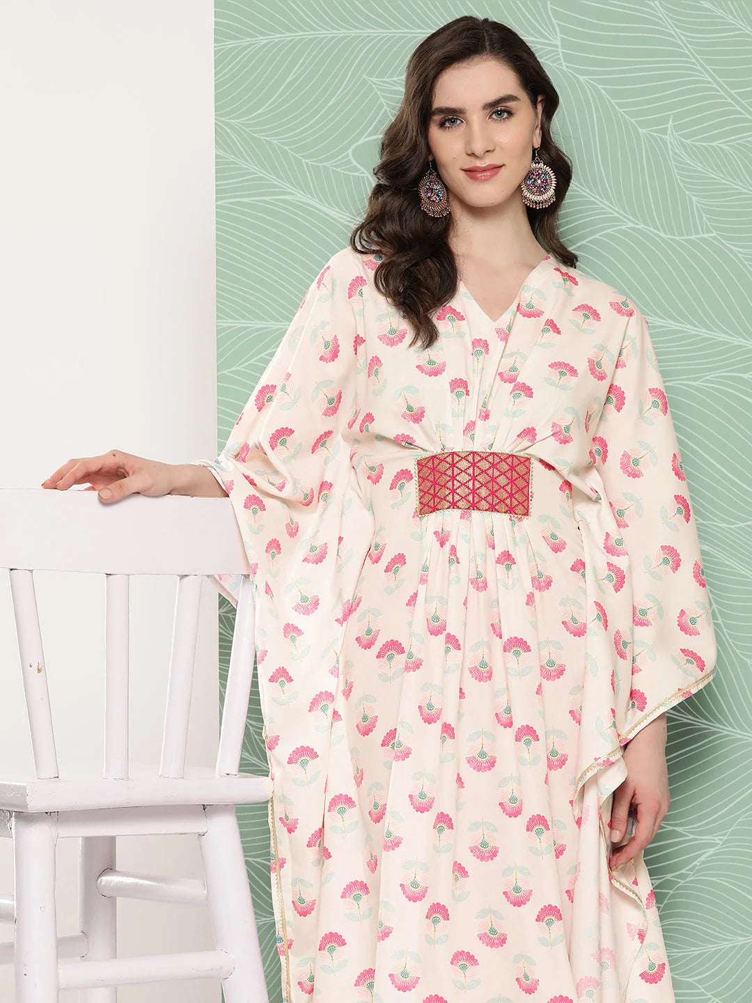 Women Floral Printed Flared Sleeves Gotta Patti Crepe Kaftan Kurta-AHKFCRDP-6066-ICH