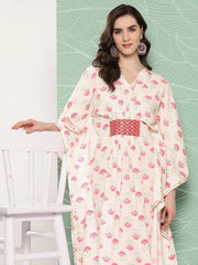 Women Floral Printed Flared Sleeves Gotta Patti Crepe Kaftan Kurta-AHKFCRDP-6066-ICH
