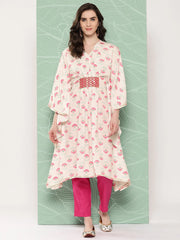 Women Floral Printed Flared Sleeves Gotta Patti Crepe Kaftan Kurta-AHKFCRDP-6066-ICH