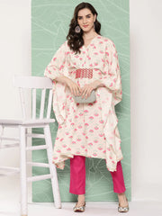 Women Floral Printed Flared Sleeves Gotta Patti Crepe Kaftan Kurta-AHKFCRDP-6066-ICH