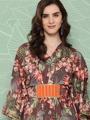 Women Floral Printed Flared Sleeves Gotta Patti Crepe Kaftan Kurta-AHKFCRDP-6067-ICH