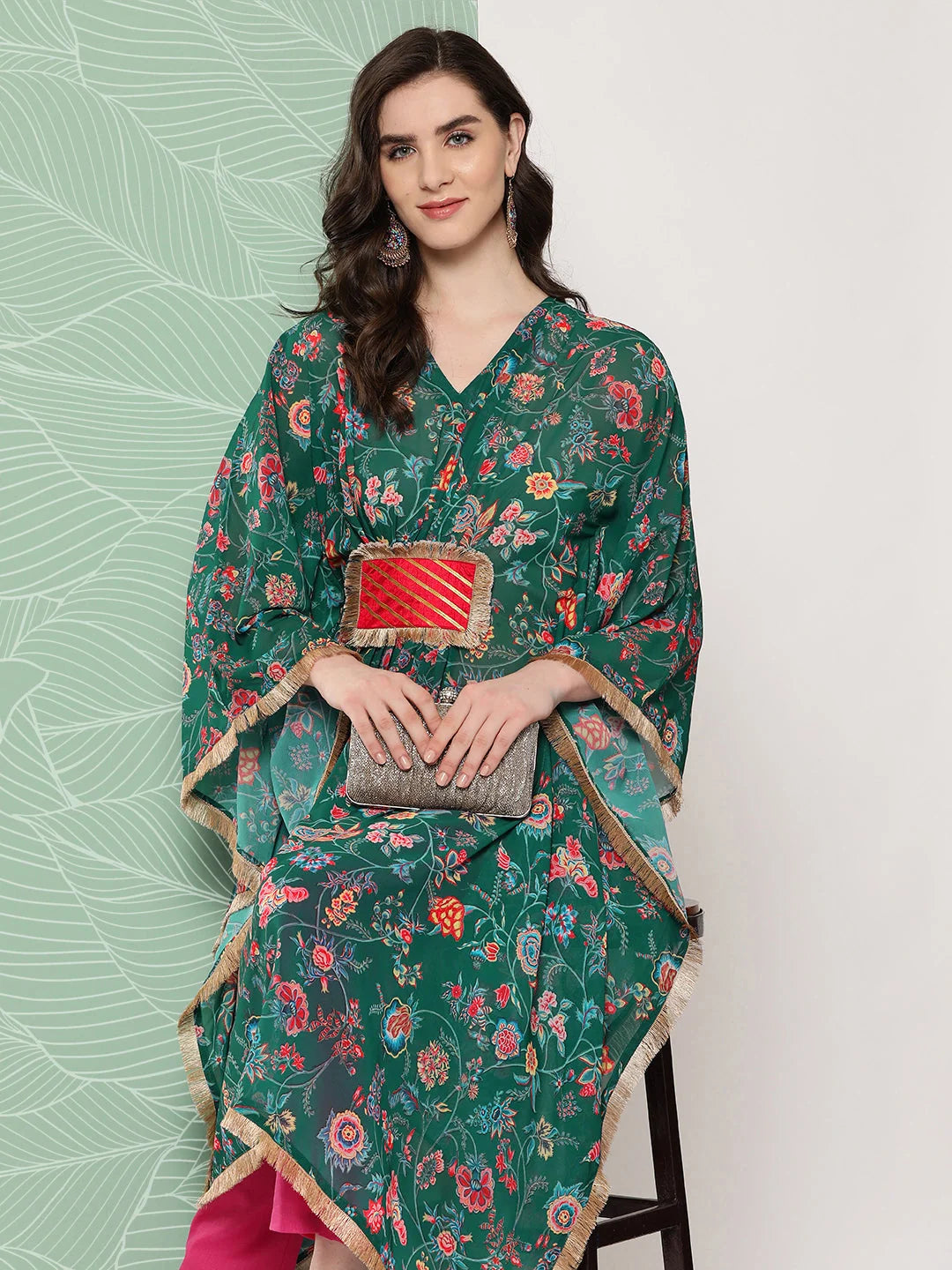 Women Floral Printed Flared Sleeves Patchwork Georgette Kaftan Kurta-AHKFCRDP-6069-ICH