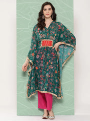 Women Floral Printed Flared Sleeves Patchwork Georgette Kaftan Kurta-AHKFCRDP-6069-ICH