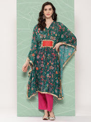 Women Floral Printed Flared Sleeves Patchwork Georgette Kaftan Kurta-AHKFCRDP-6069-ICH