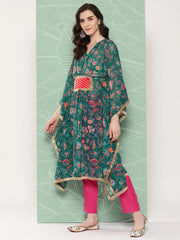 Women Floral Printed Flared Sleeves Patchwork Georgette Kaftan Kurta-AHKFCRDP-6069-ICH