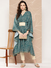 Women Floral Printed Flared Sleeves Patchwork Belted Detail Crepe Kaftan Kurta-AHKFCRDP-6071-ICH