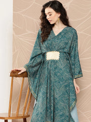 Women Floral Printed Flared Sleeves Patchwork Belted Detail Crepe Kaftan Kurta-AHKFCRDP-6071-ICH
