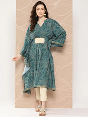 Women Floral Printed Flared Sleeves Patchwork Belted Detail Crepe Kaftan Kurta-AHKFCRDP-6071-ICH