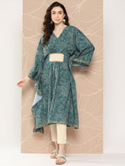 Women Floral Printed Flared Sleeves Patchwork Belted Detail Crepe Kaftan Kurta-AHKFCRDP-6071-ICH