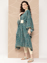 Women Floral Printed Flared Sleeves Patchwork Belted Detail Crepe Kaftan Kurta-AHKFCRDP-6071-ICH