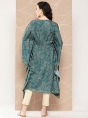 Women Floral Printed Flared Sleeves Patchwork Belted Detail Crepe Kaftan Kurta-AHKFCRDP-6071-ICH