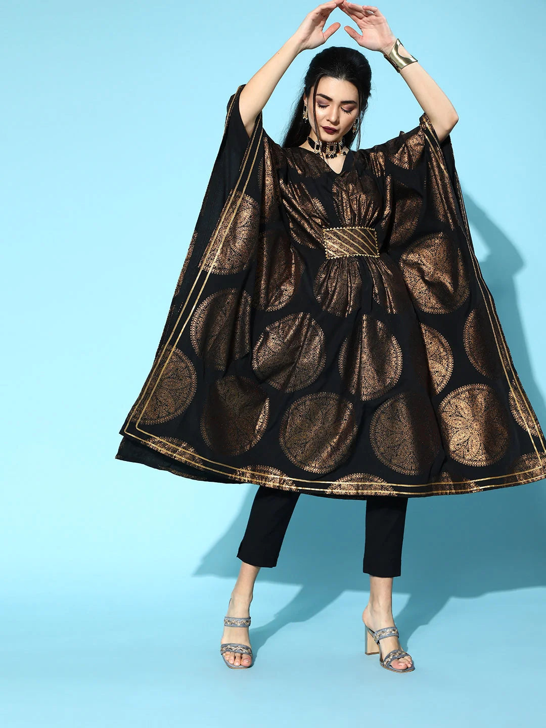 Black & Copper Printed Kaftan: Women's Resort Wear Kaftans