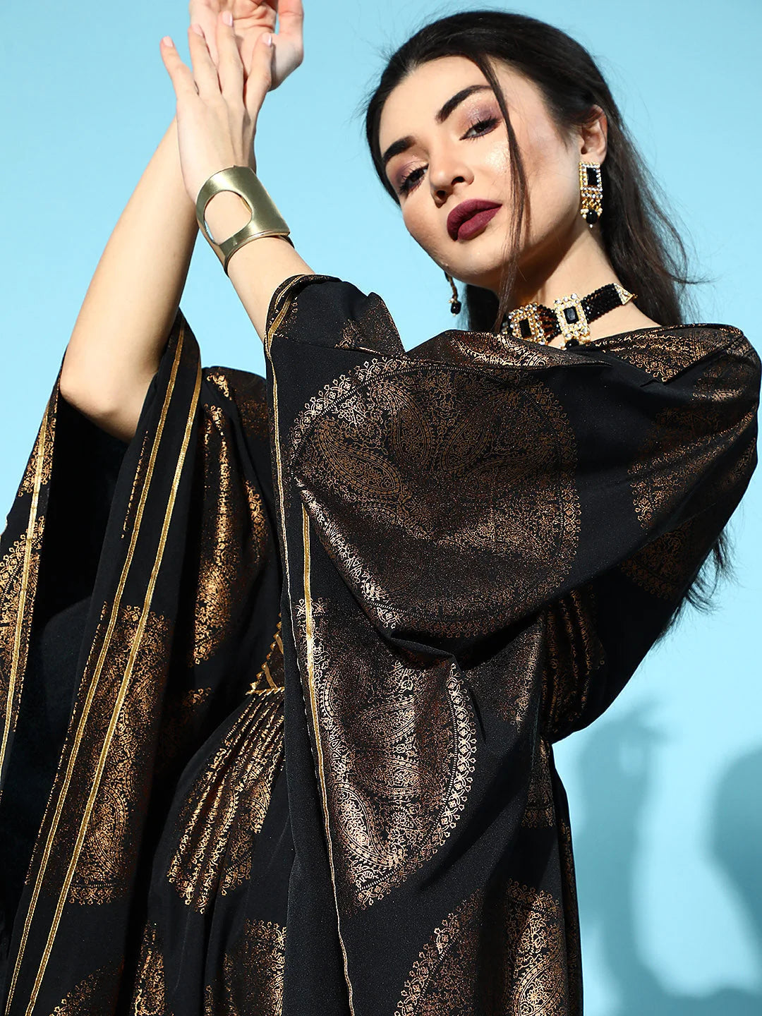 Black & Copper Printed Kaftan: Women's Resort Wear Kaftans