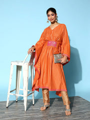 Orange & Gold-Toned Striped Gotta Patti Kaftan Kurta-AHKFCRFP-6055