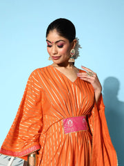 Orange & Gold-Toned Striped Gotta Patti Kaftan Kurta-AHKFCRFP-6055