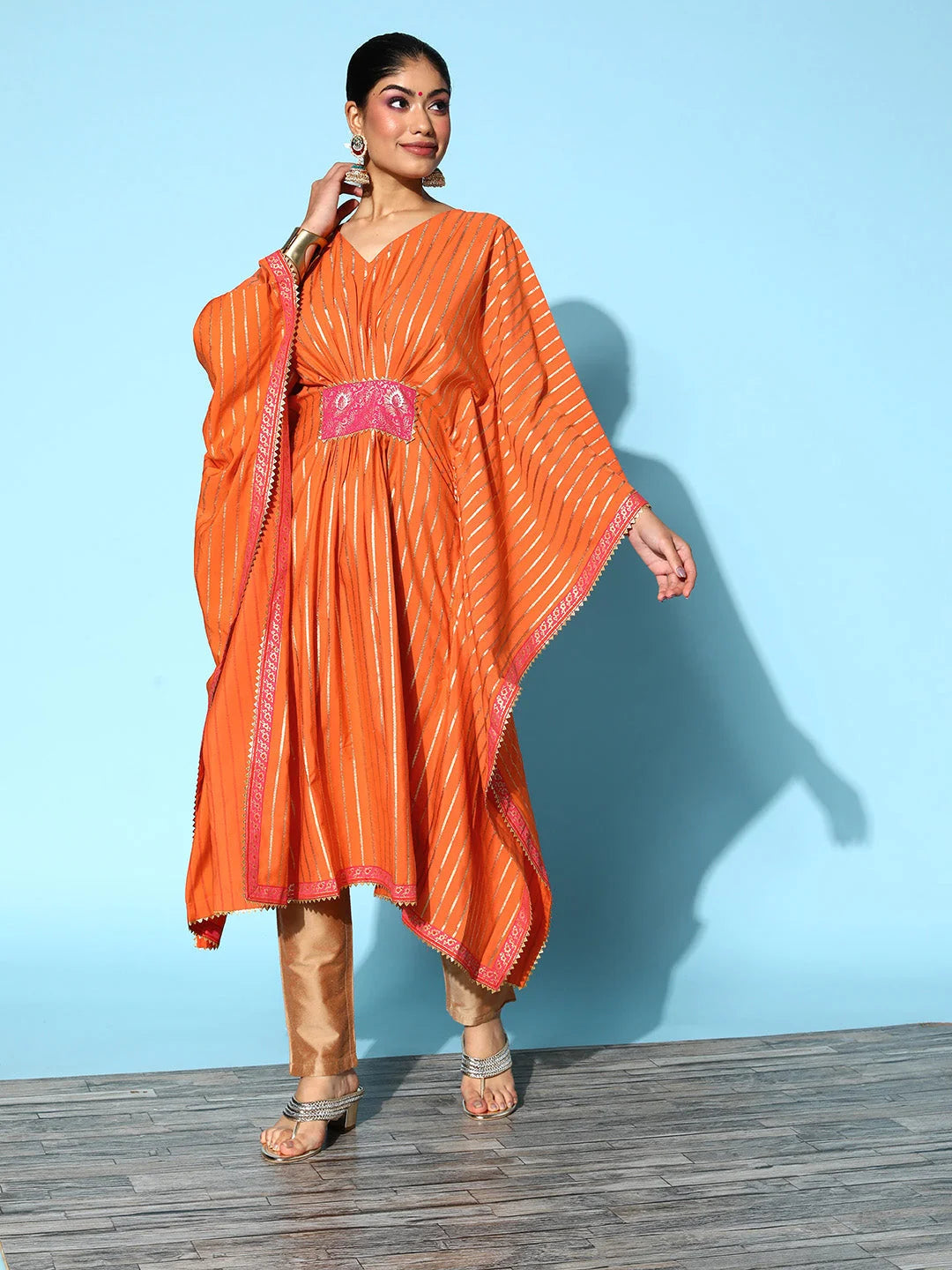 Orange & Gold Striped Kaftan - Women's Resort Wear Kaftans