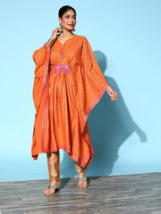 Orange & Gold-Toned Striped Gotta Patti Kaftan Kurta-AHKFCRFP-6055