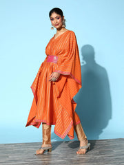 Orange & Gold-Toned Striped Gotta Patti Kaftan Kurta-AHKFCRFP-6055