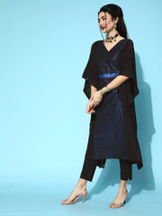 Black Crepe Glitter Printed Kaftan Kurta-AHKFCRGL-6040-FF