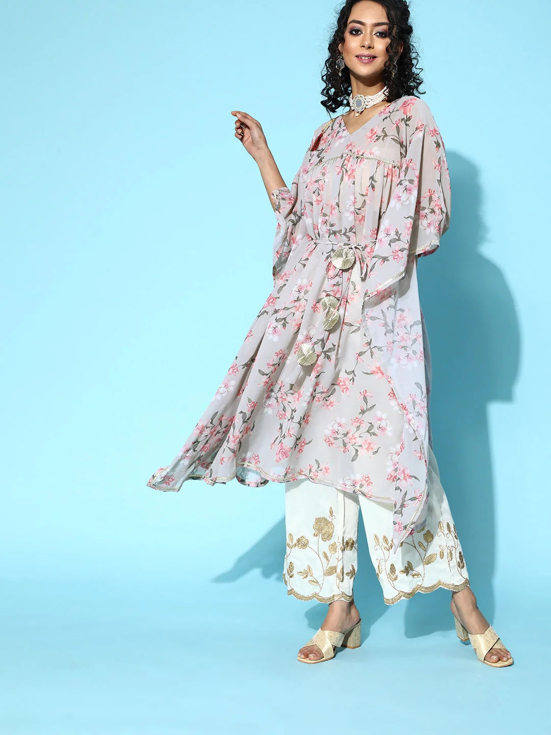 Grey Floral Kaftan Kurta | Women's Resort Wear Kaftan Dresses