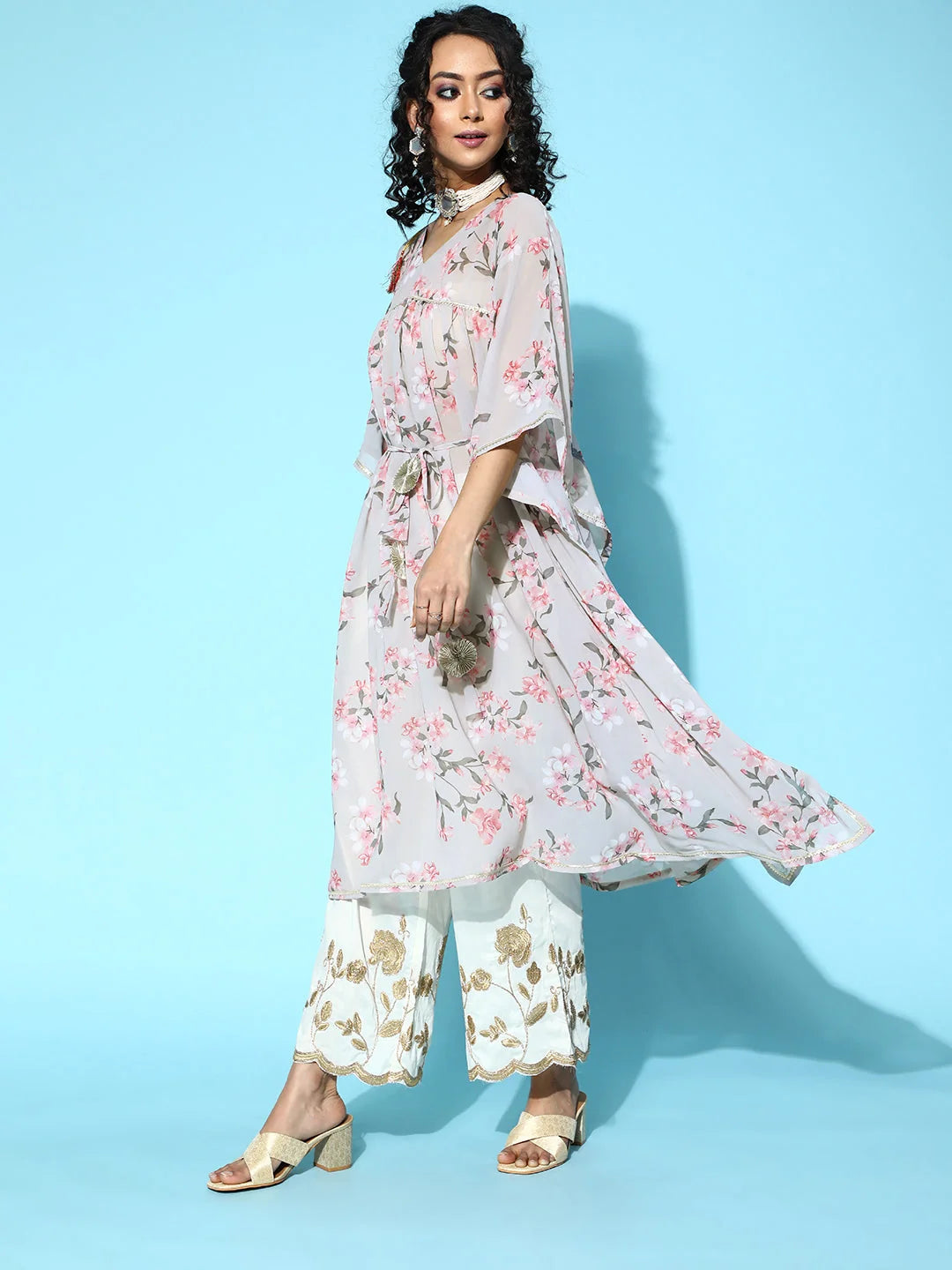 Grey Floral Kaftan Kurta | Women's Resort Wear Kaftan Dresses