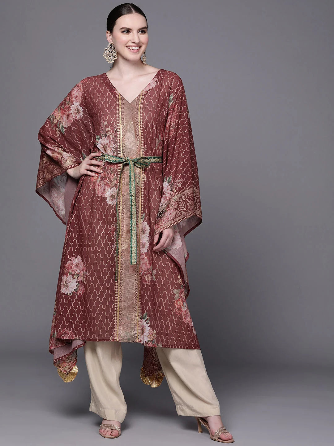 Maroon Floral Kaftan Kurta - Printed Kaftans for Women Online