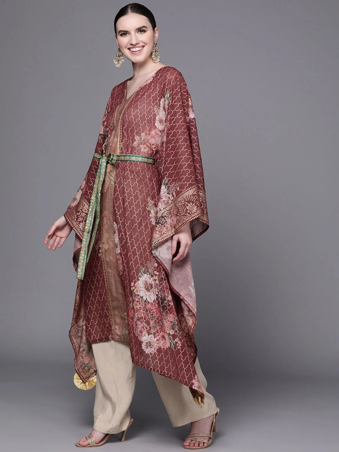Maroon Floral Kaftan Kurta - Printed Kaftans for Women Online