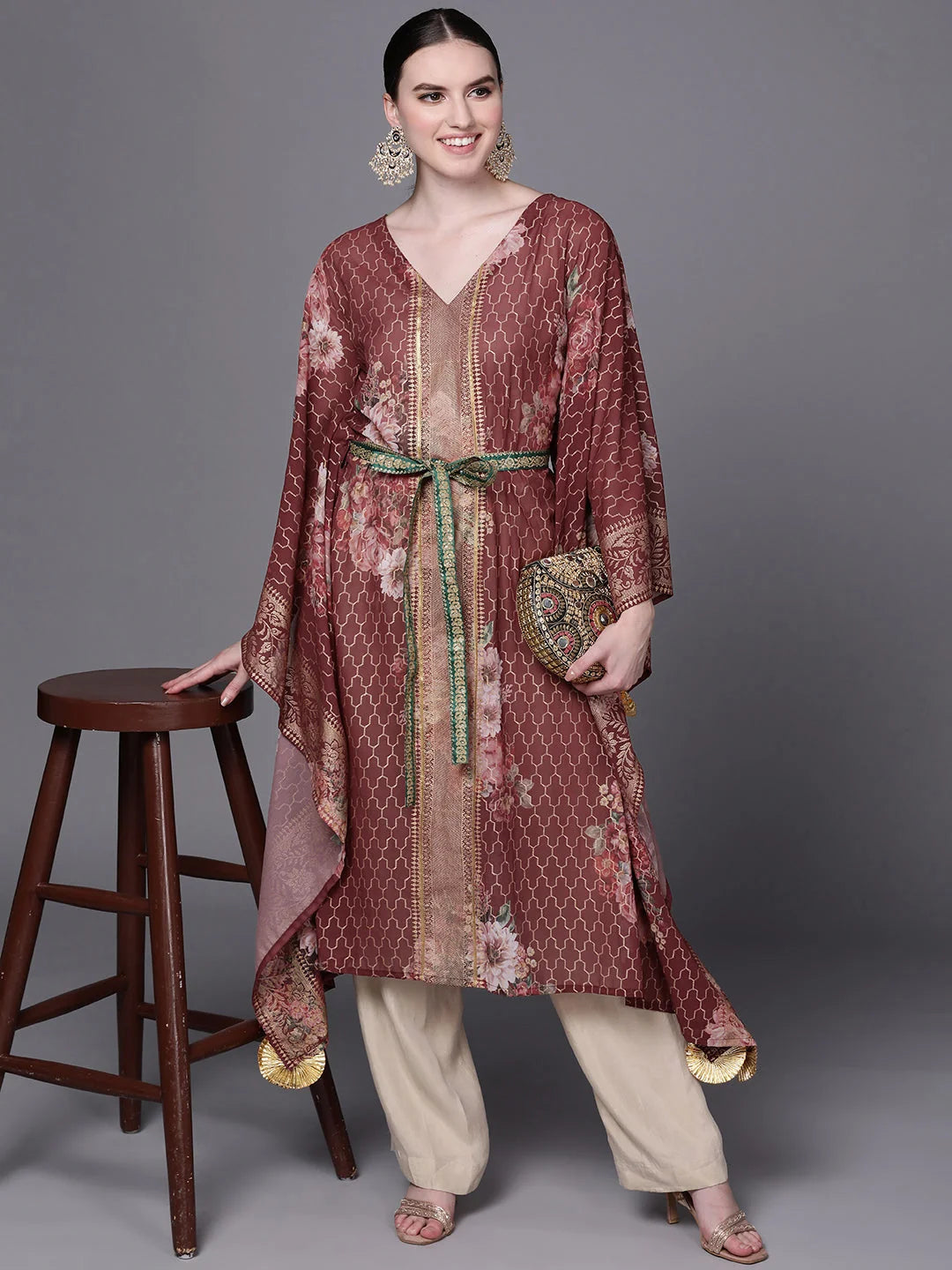 Maroon Floral Kaftan Kurta - Printed Kaftans for Women Online