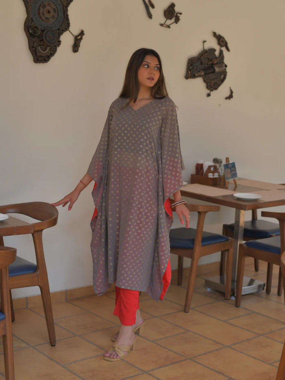 Grey & Golden Printed Kaftan Kurta-AHKFGRFPDS-6023