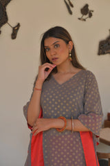 Grey & Golden Printed Kaftan Kurta-AHKFGRFPDS-6023