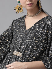 Black & White Printed Flared Sleeves Kaftan Kurta-AHKFMCFPDS-6021