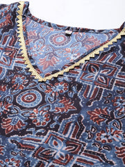 Navy Blue & Maroon Floral Print Kaftan Kurta-AHKFPDDP-6050-FF