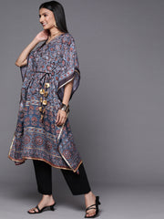 Navy Blue & Maroon Floral Print Kaftan Kurta-AHKFPDDP-6050-FF