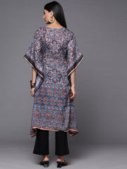 Navy Blue & Maroon Floral Print Kaftan Kurta-AHKFPDDP-6050-FF