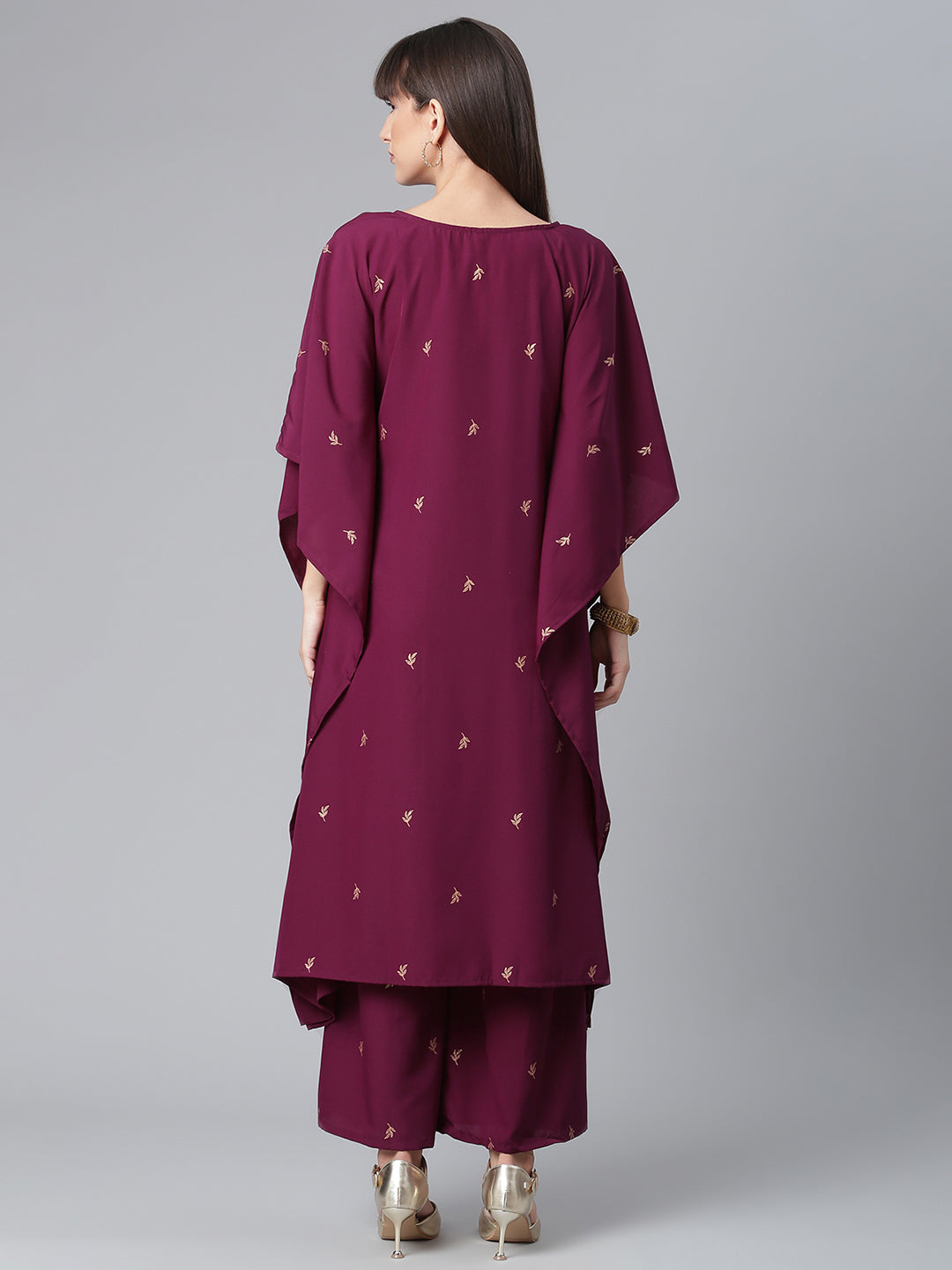 Wine & Gold Glitter Kaftan Palazzo Pants Set - Women's Fashion